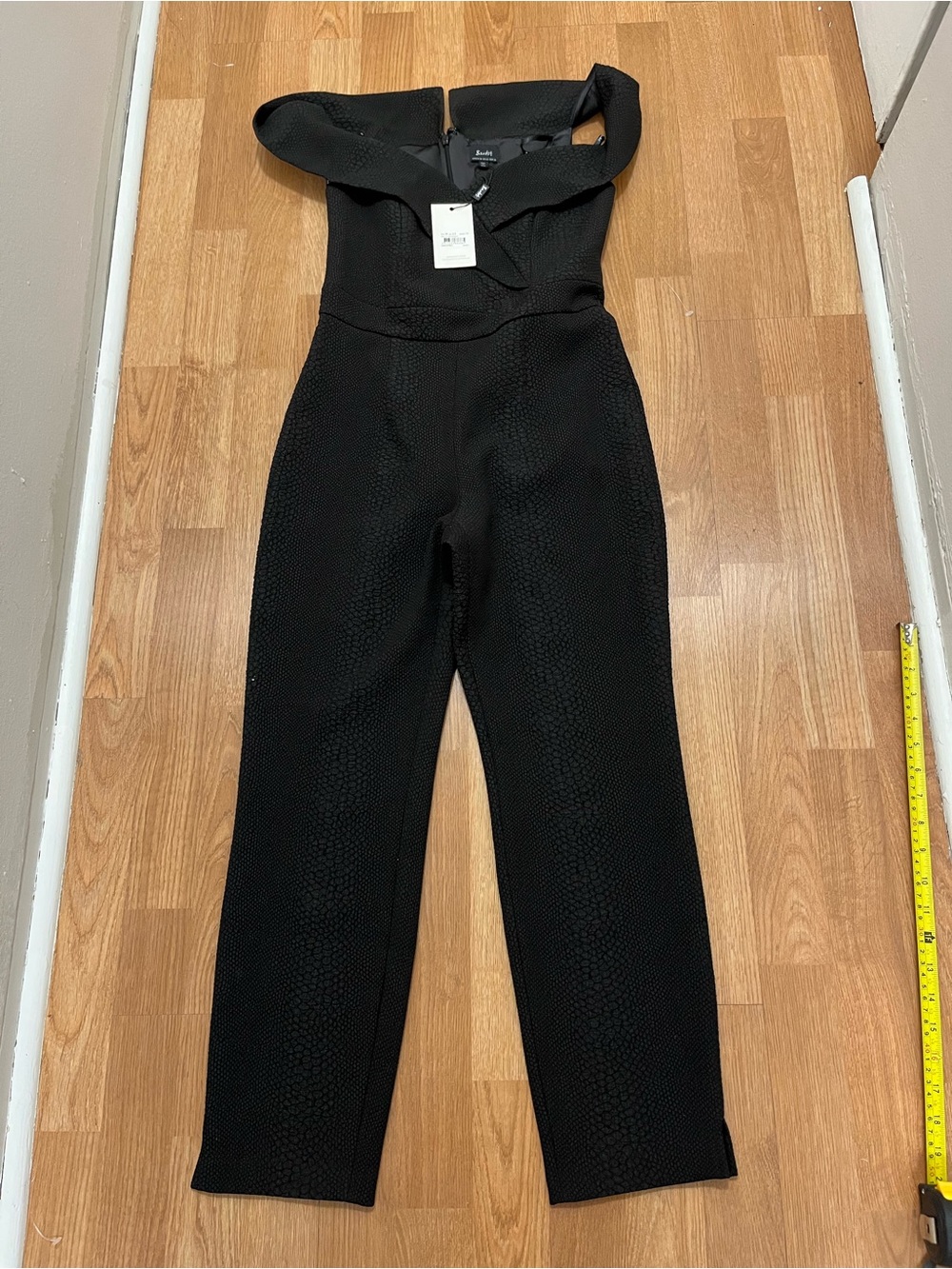 Brand New With Tags (NWT) black off-the-shoulder textured jumpsuit in US Size 6